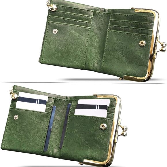 Women's RFID Leather Wallet Compact Bifold Coin Purse with Zipper Kiss Lock - Picture 2 of 7